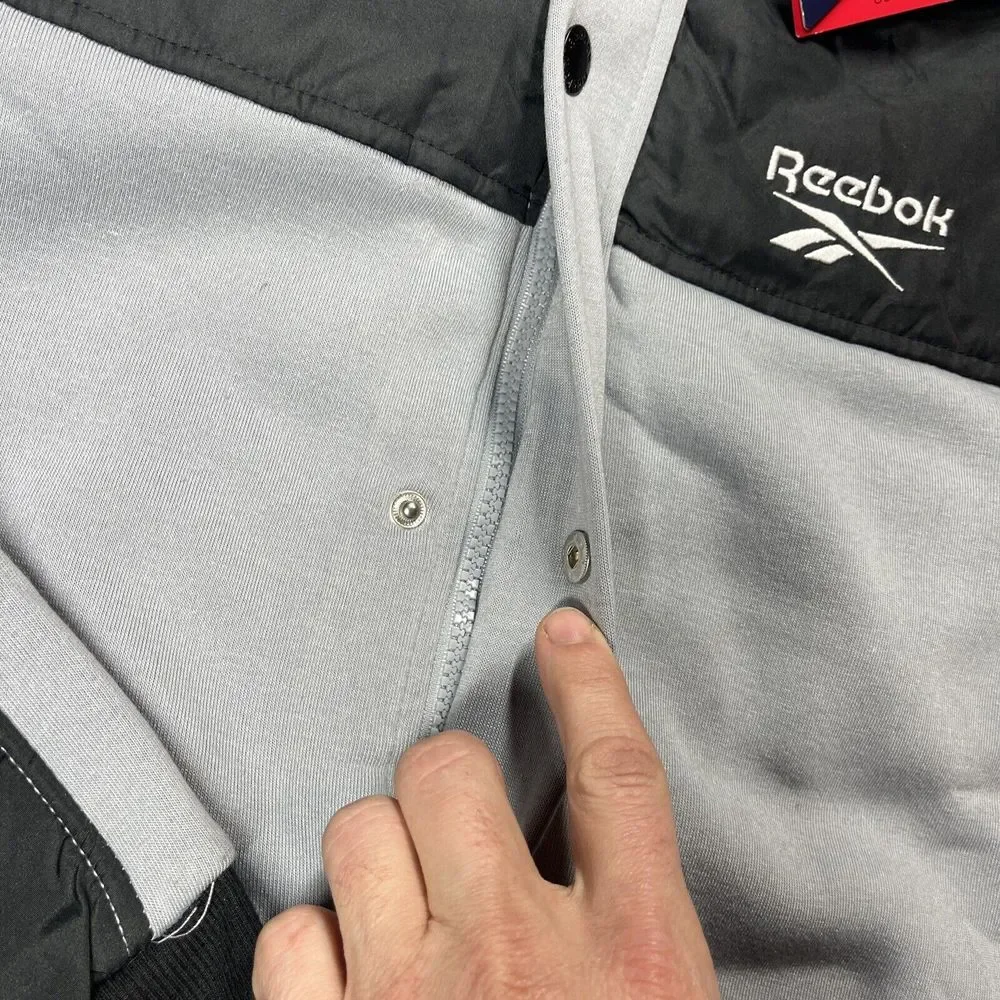 Reebok Mens Jacket L Fleece Quilted Hooded Zip Front Long Sleeve Black Gray $140